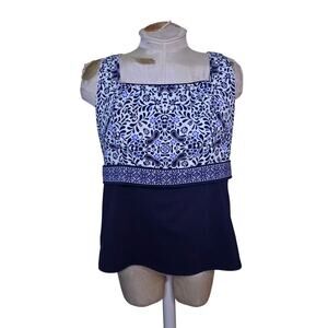 Lands End Underwire Square Neck‎ Tankini Top Navy /White Floral Sz 18W